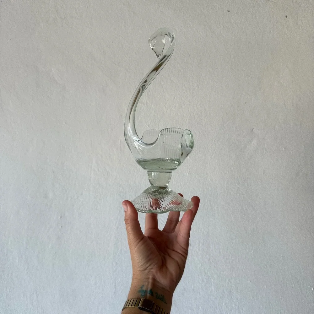 Vintage Hand Blown Art Glass Swan Pedestal Bowl Pale Green Tint Ribbed